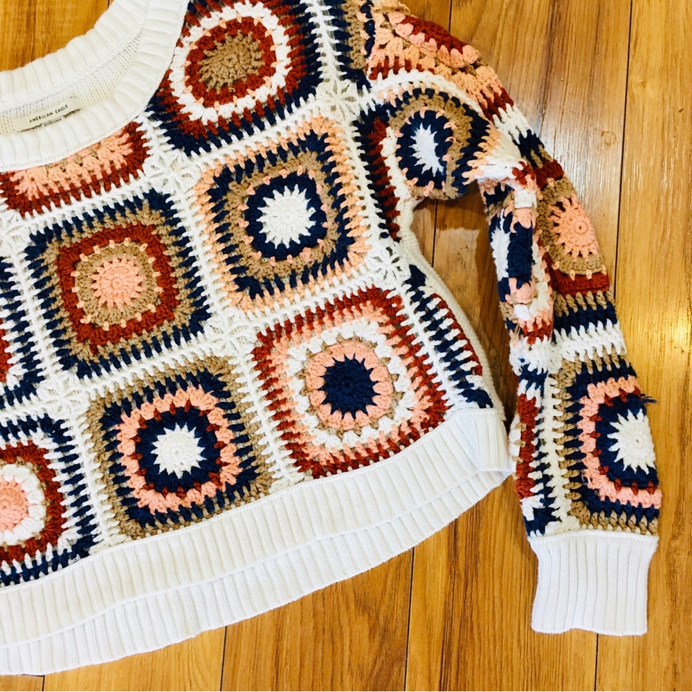 American Eagle boho crochet vintage style sweater winter retro hippie